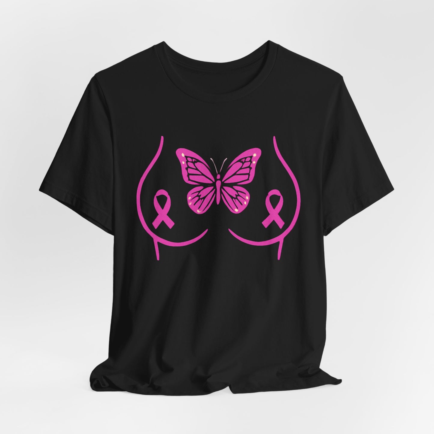 Breast Cancer Awareness Tee, Unisex Short Sleeve T-Shirt, Butterfly Design, Pink Ribbons, Supportive Gift, Awareness Campaign