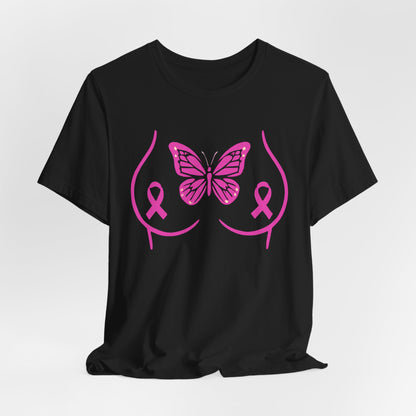 Breast Cancer Awareness Tee, Unisex Short Sleeve T-Shirt, Butterfly Design, Pink Ribbons, Supportive Gift, Awareness Campaign