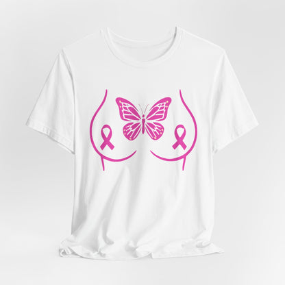 Breast Cancer Awareness Tee, Unisex Short Sleeve T-Shirt, Butterfly Design, Pink Ribbons, Supportive Gift, Awareness Campaign
