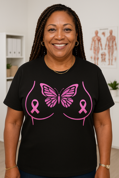 Breast Cancer Awareness Tee, Unisex Short Sleeve T-Shirt, Butterfly Design, Pink Ribbons, Supportive Gift, Awareness Campaign